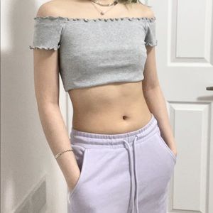 Off Shoulder Frill Trim Solid Grey Crop Top Tee | Size S | H&M